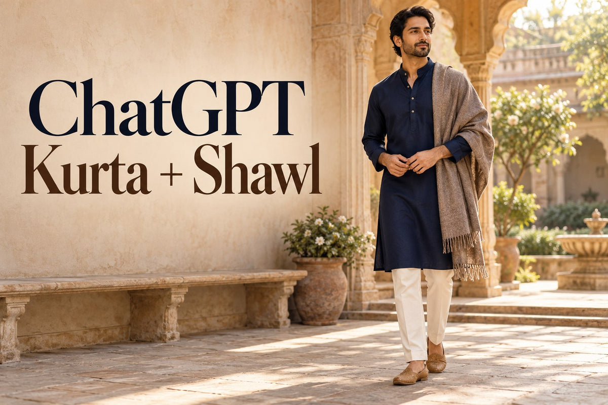 AI-generated editorial concept of an adult man in a navy kurta with a taupe shawl, with text ChatGPT कुर्ता + Shawl.