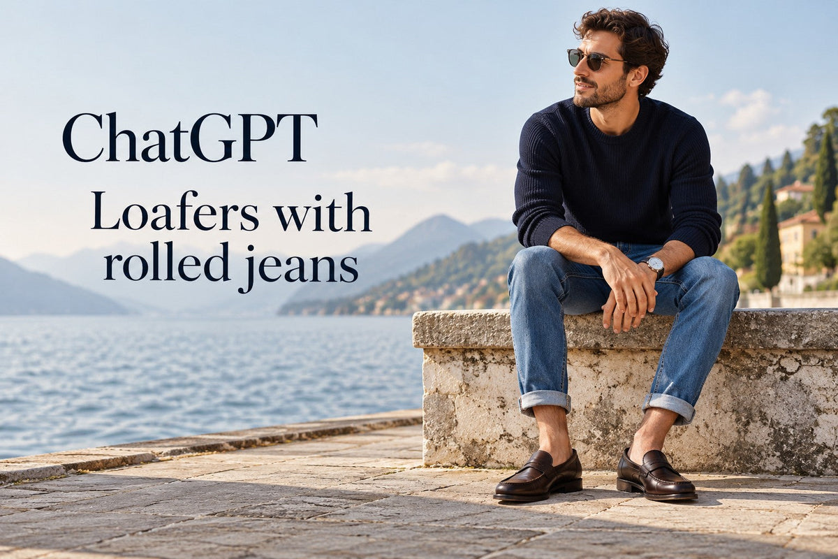 AI-generated editorial concept for Loafers with rolled jeans, with readable ChatGPT topic text.
