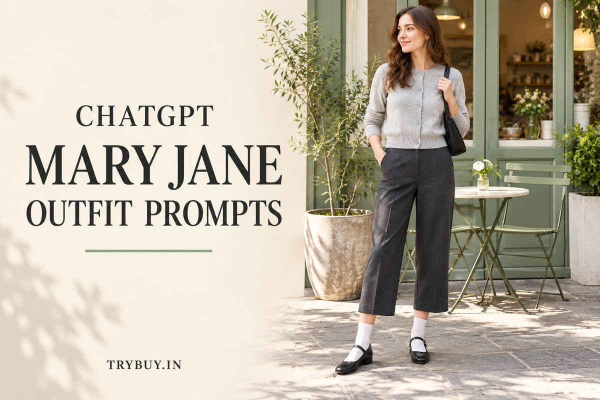 KI-generated editorial concept of an adult woman in cropped trousers, white socks and black Mary Jane shoes, with the text ChatGPT Mary Jane Outfit Prompts.