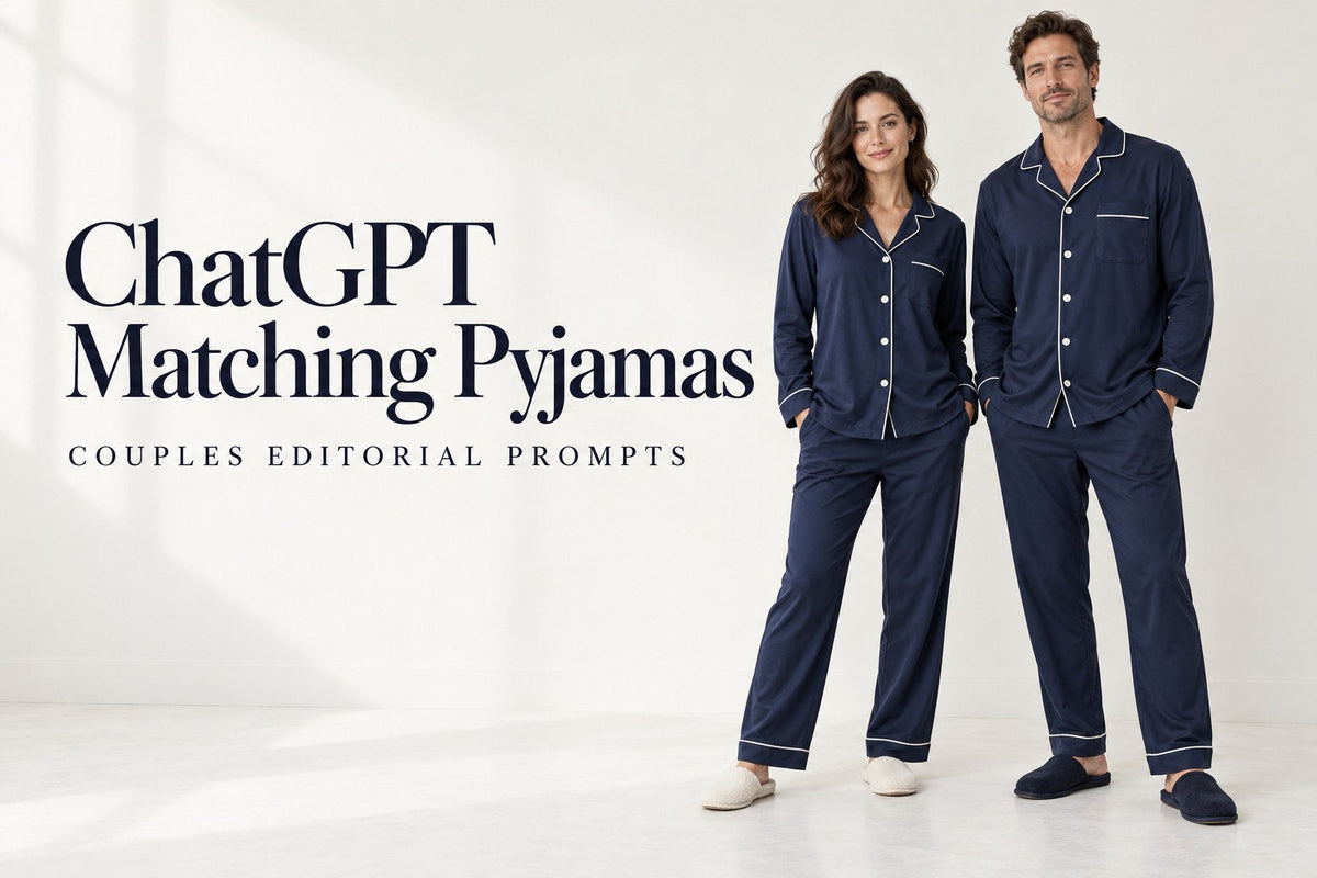 KI-generated adult woman and man in navy long-sleeve pyjama sets; text reads ChatGPT Matching Pyjamas, Couples Editorial Prompts.