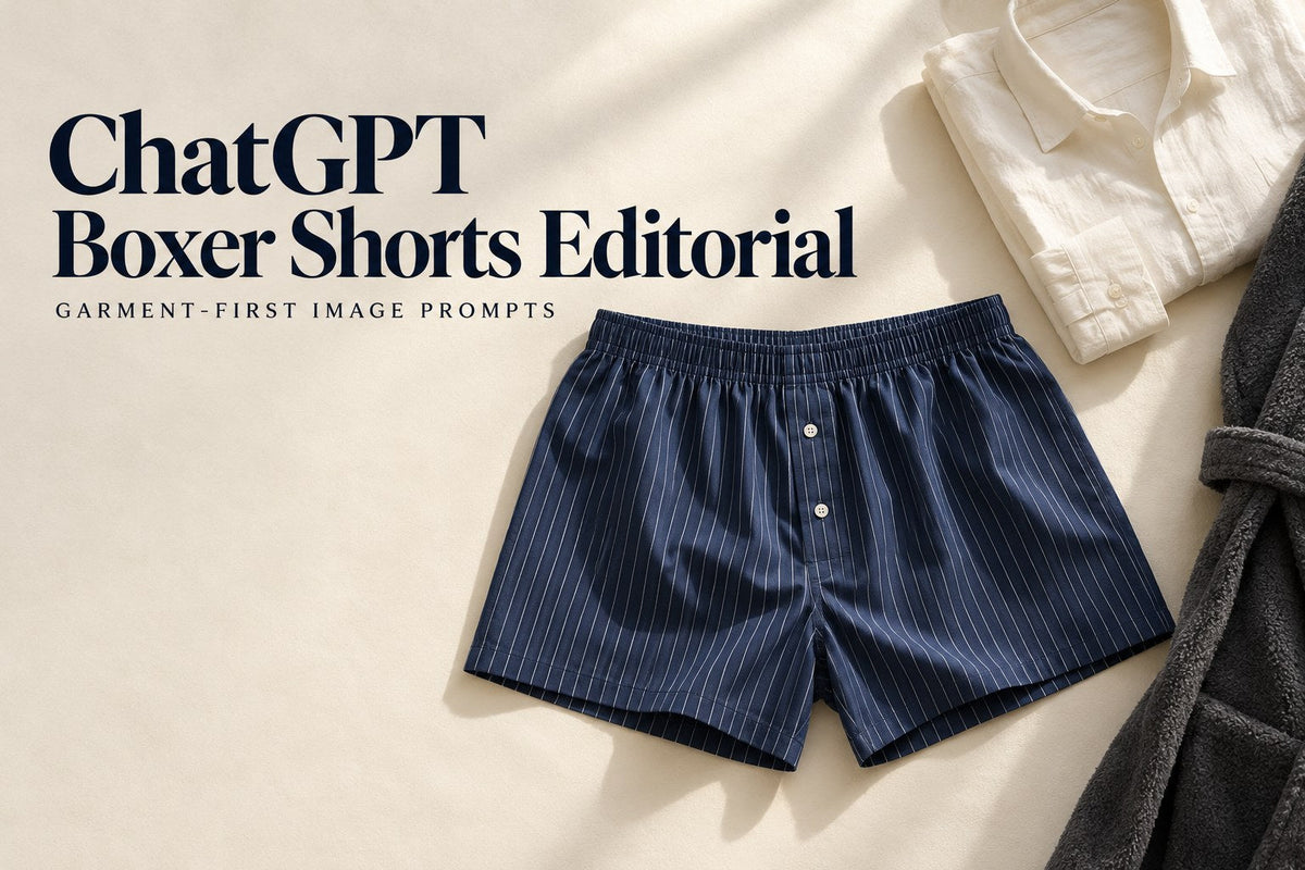 AI-generated navy pinstripe boxer shorts beside a folded ivory shirt; text reads ChatGPT Boxer Shorts Editorial.