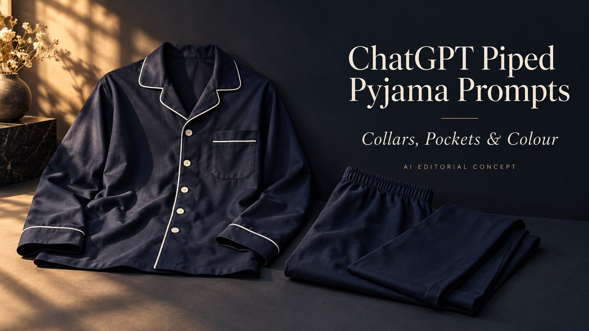 Fictional navy men’s piped pyjama top and trousers with ChatGPT Piped pigiama prompt typography.