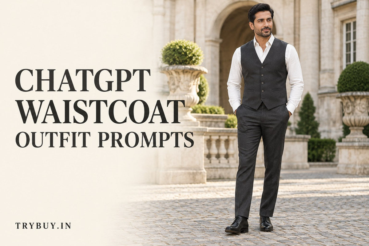 KI-generated adult man wearing a charcoal waistcoat over an ivory shirt with matching trousers, titled ChatGPT Waistcoat Outfit Prompts.