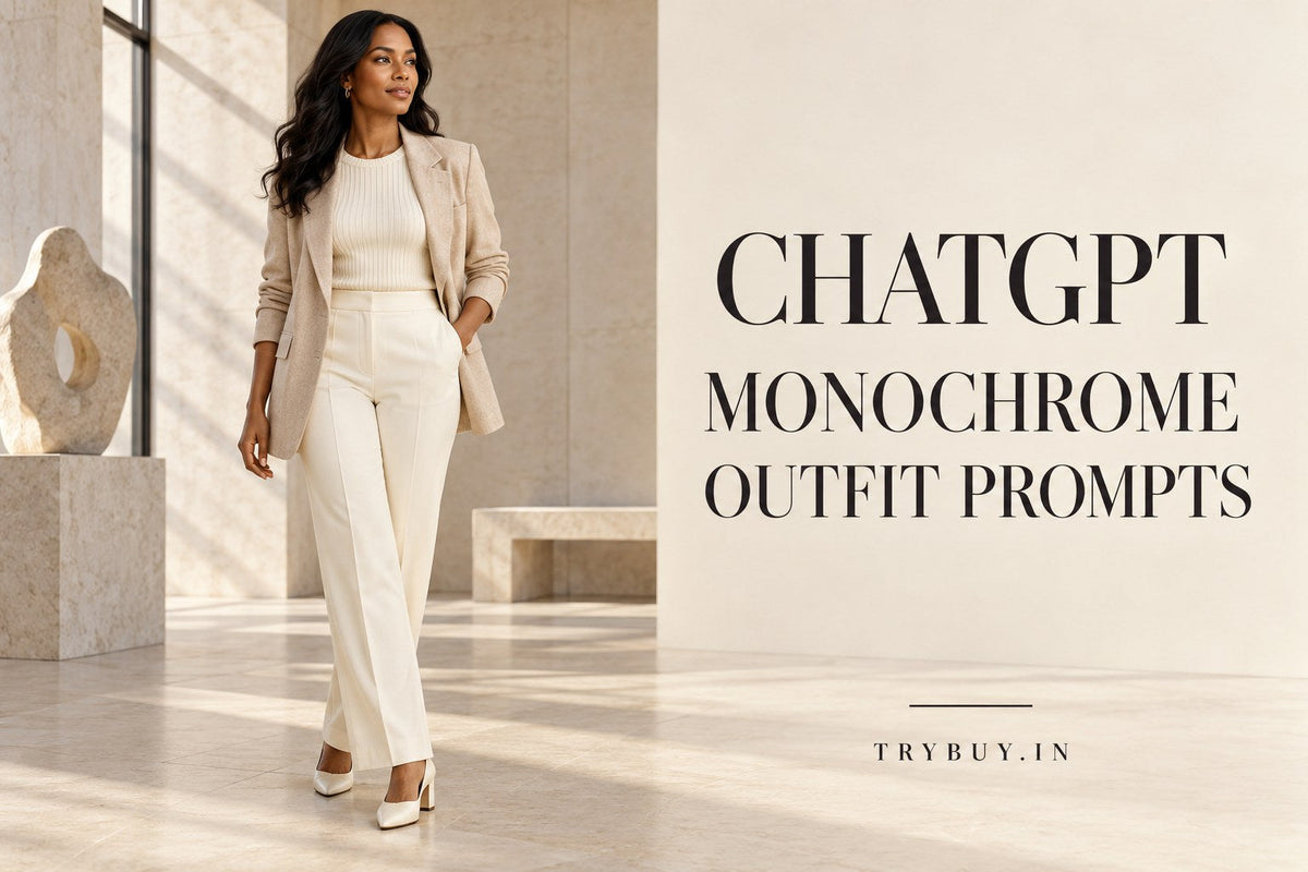 KI-generated adult woman in a cream and ivory tonal outfit with distinct textures, titled ChatGPT Monochrome Outfit Prompts.