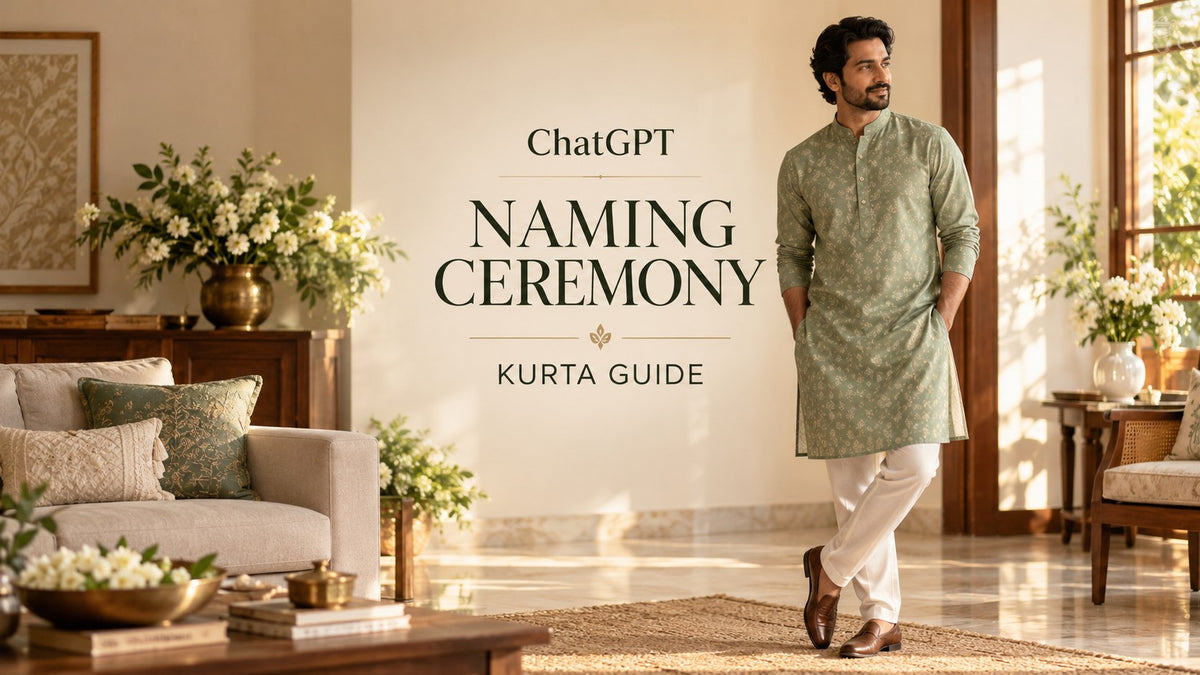 IA-generated editorial concept of an adult man in a sage kurta, with the text ChatGPT Naming Ceremony kurta Guide.