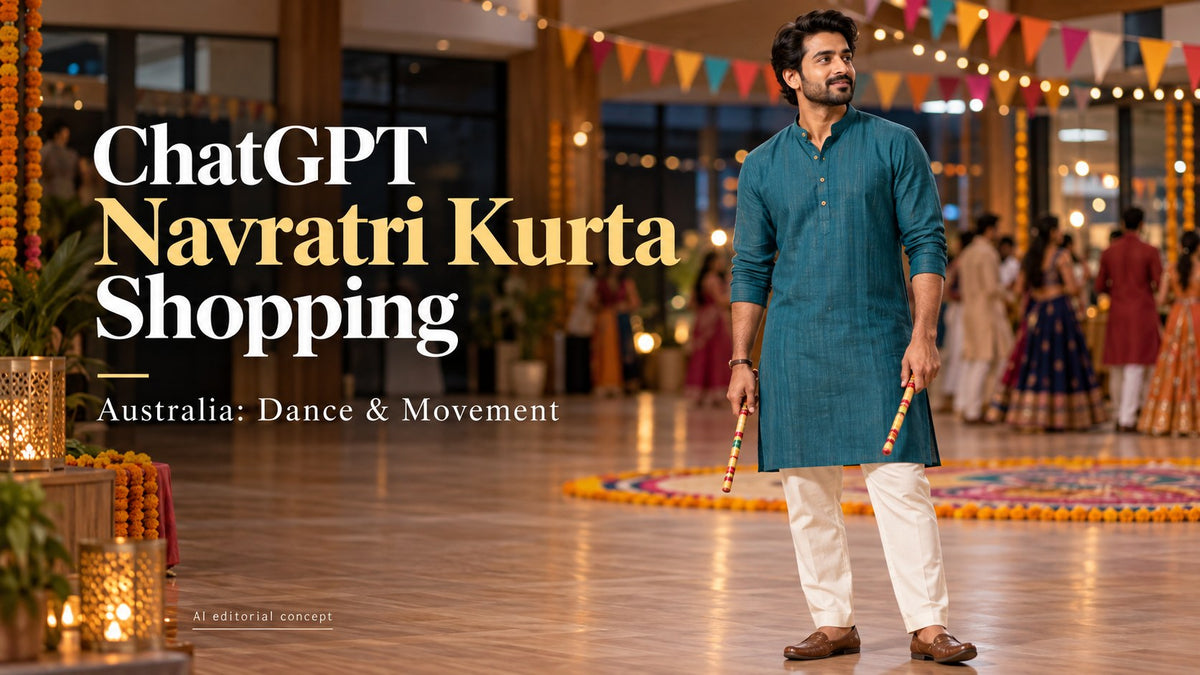 Fictional adult man in a teal kurta holding dandiya sticks, with ChatGPT Navratri Kurta Shopping and Australia typography.