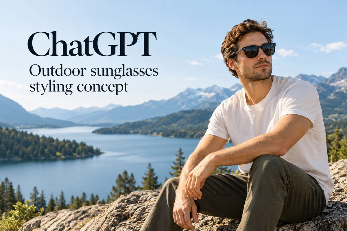 AI-generated editorial concept for Outdoor sunglasses styling concept, with readable ChatGPT topic text.