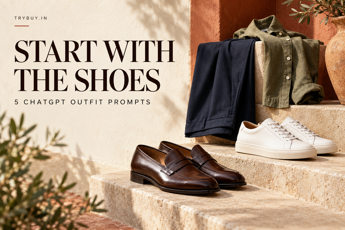 AI-generated loafers and sneakers cover with text Start with the Shoes.