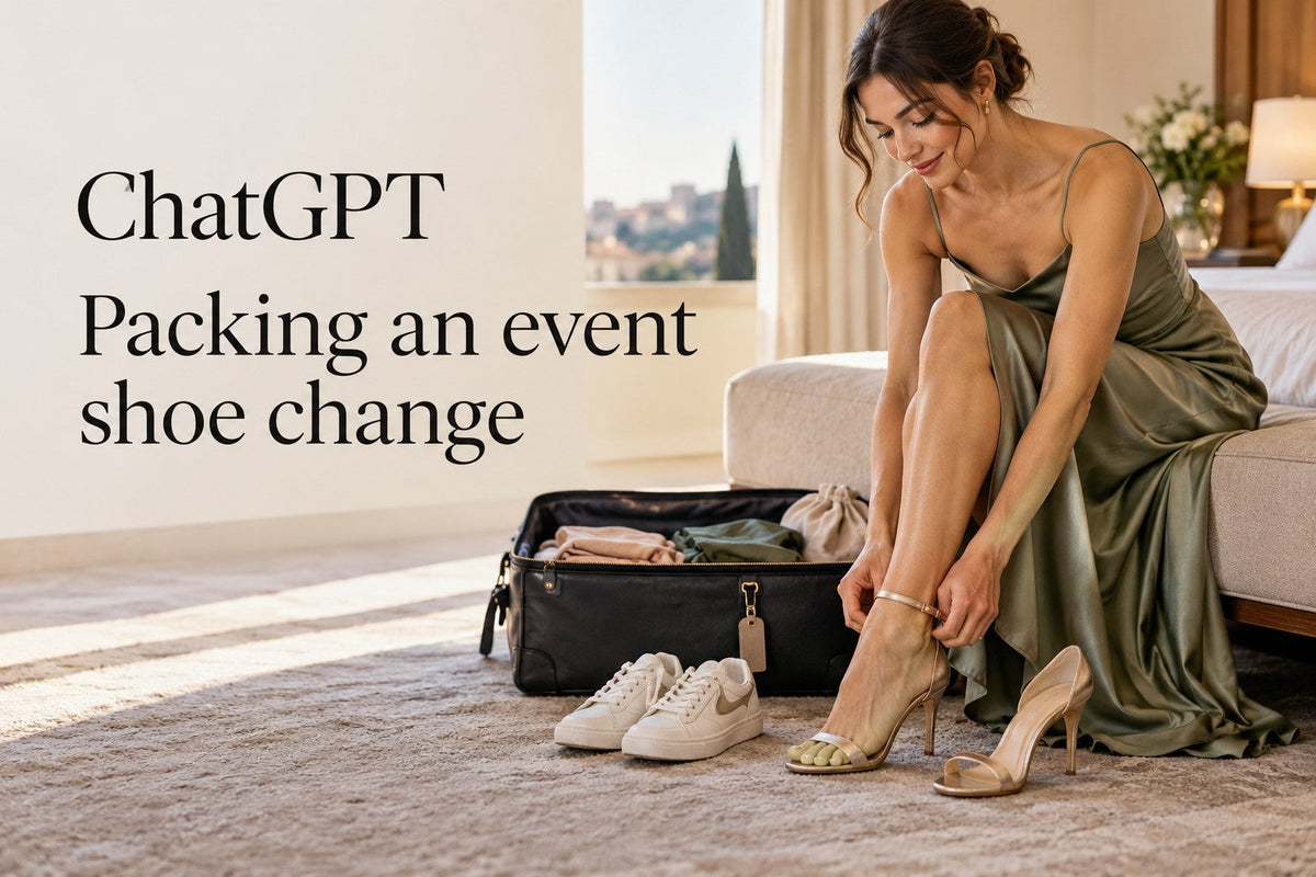 IA-generated editorial concept for Packing an event shoe change, with readable ChatGPT topic text.