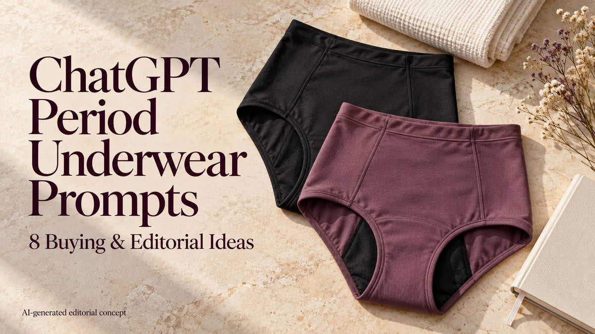 Fictional black and plum period-underwear briefs in a studio flat lay with ChatGPT buying and editorial prompt text.