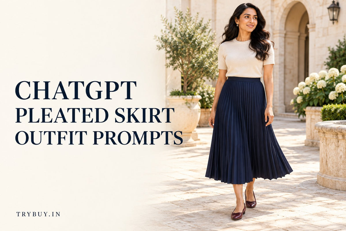 AI-generated adult fashion concept with a navy pleated midi skirt and ivory top, titled ChatGPT Pleated Skirt Outfit Prompts.