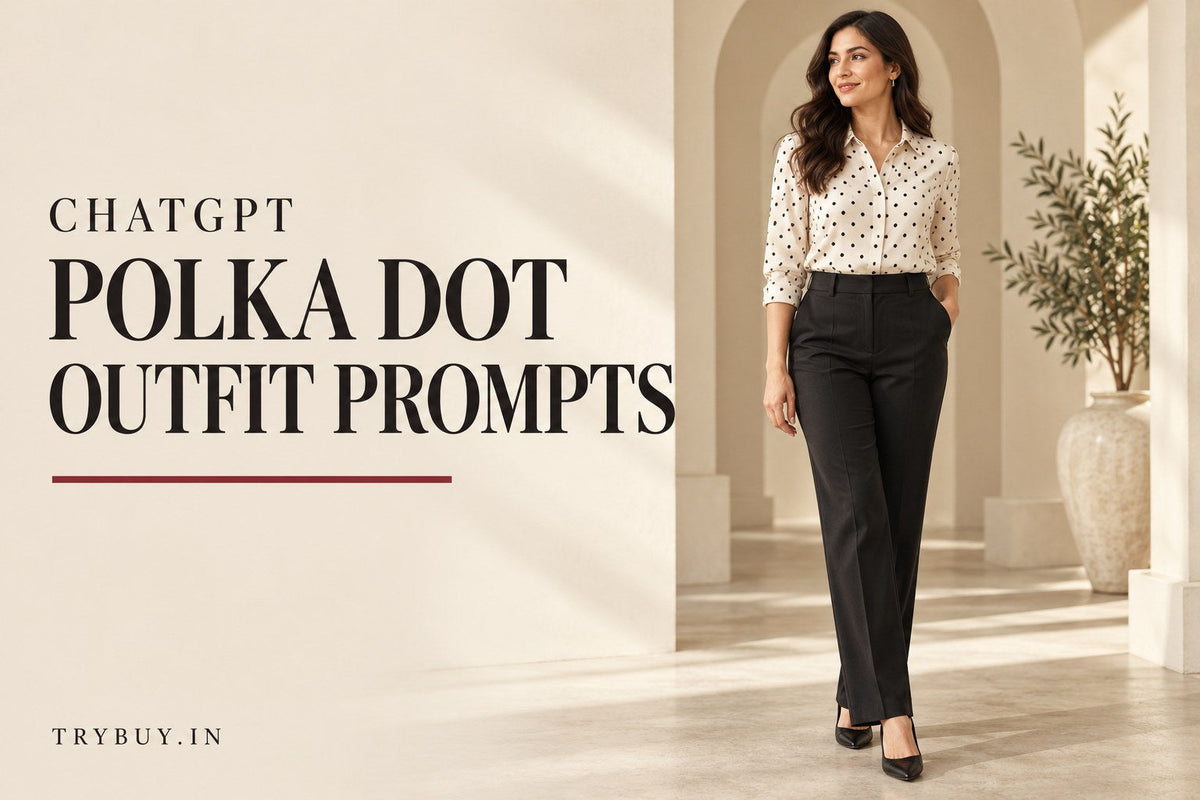 AI-generated editorial concept of an adult woman in a polka-dot blouse and dark trousers, with the text ChatGPT Polka Dot Outfit Prompts.