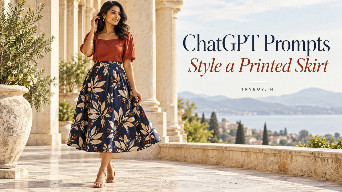 IA-generated editorial cover reading ChatGPT prompts — Style a estampado Skirt, with an adult woman in a rust top and navy botanical-print skirt