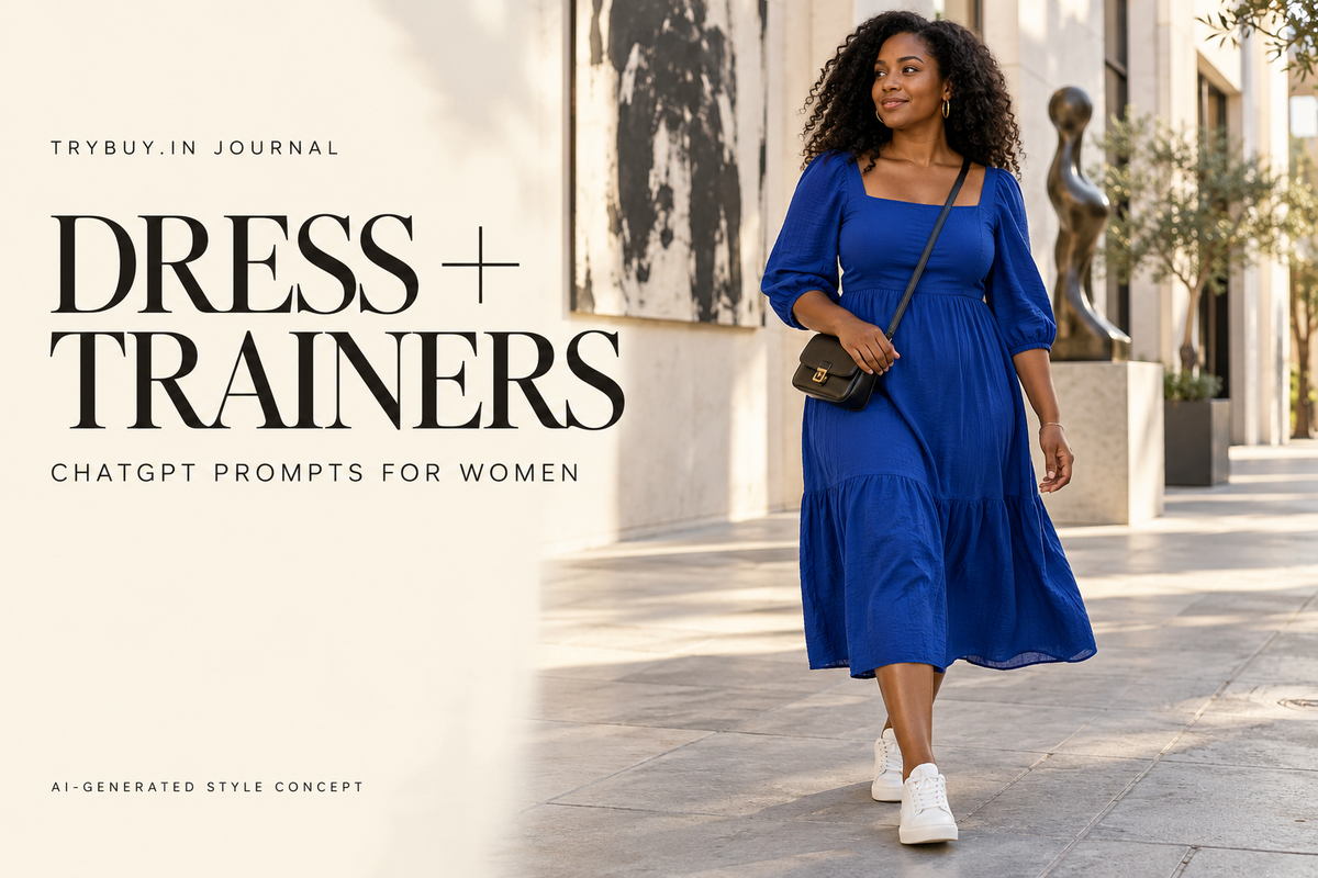 IA-generated woman in a blue dress and cream trainers with Dress + Trainers cover text