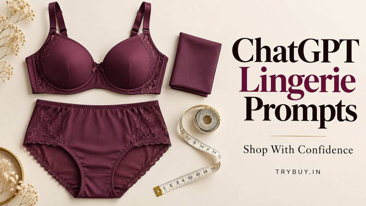 AI-generated plum lingerie flat lay with the text ChatGPT Lingerie Prompts — Shop With Confidence