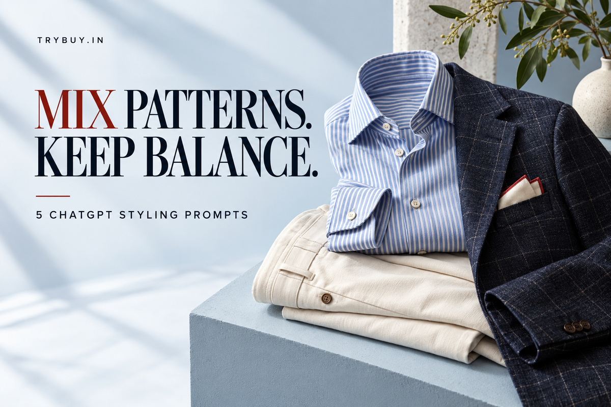 AI-generated striped shirt and checked jacket cover with text Mix Patterns. Keep Balance.