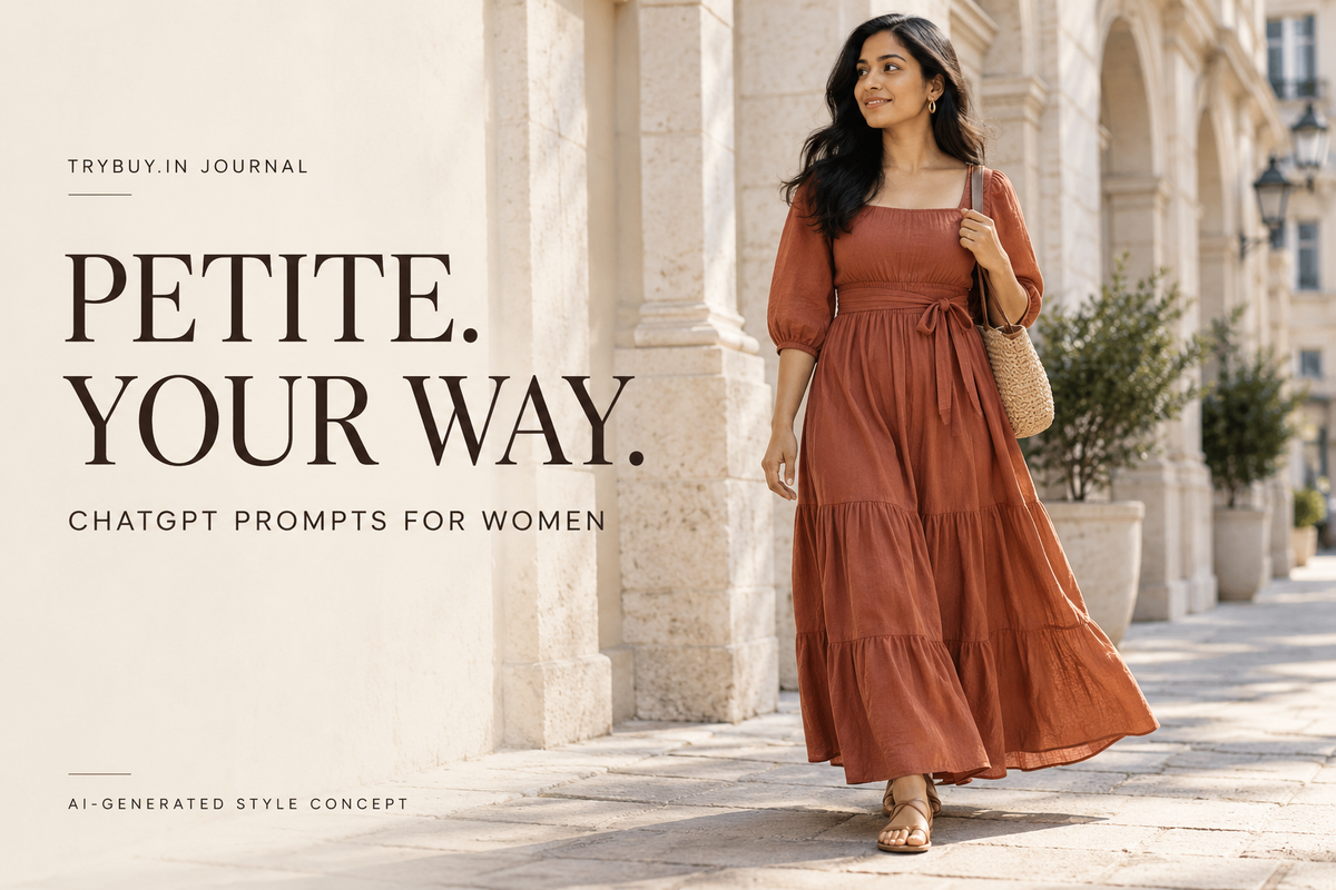 AI-generated woman in a rust maxi dress with Petite. Your Way. cover text