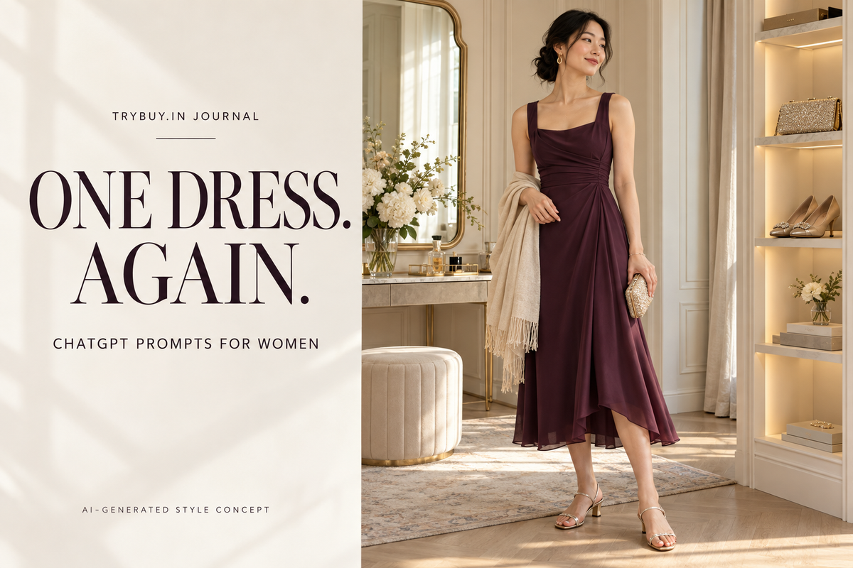 AI-generated woman in a plum occasion dress with One Dress. Again. cover text