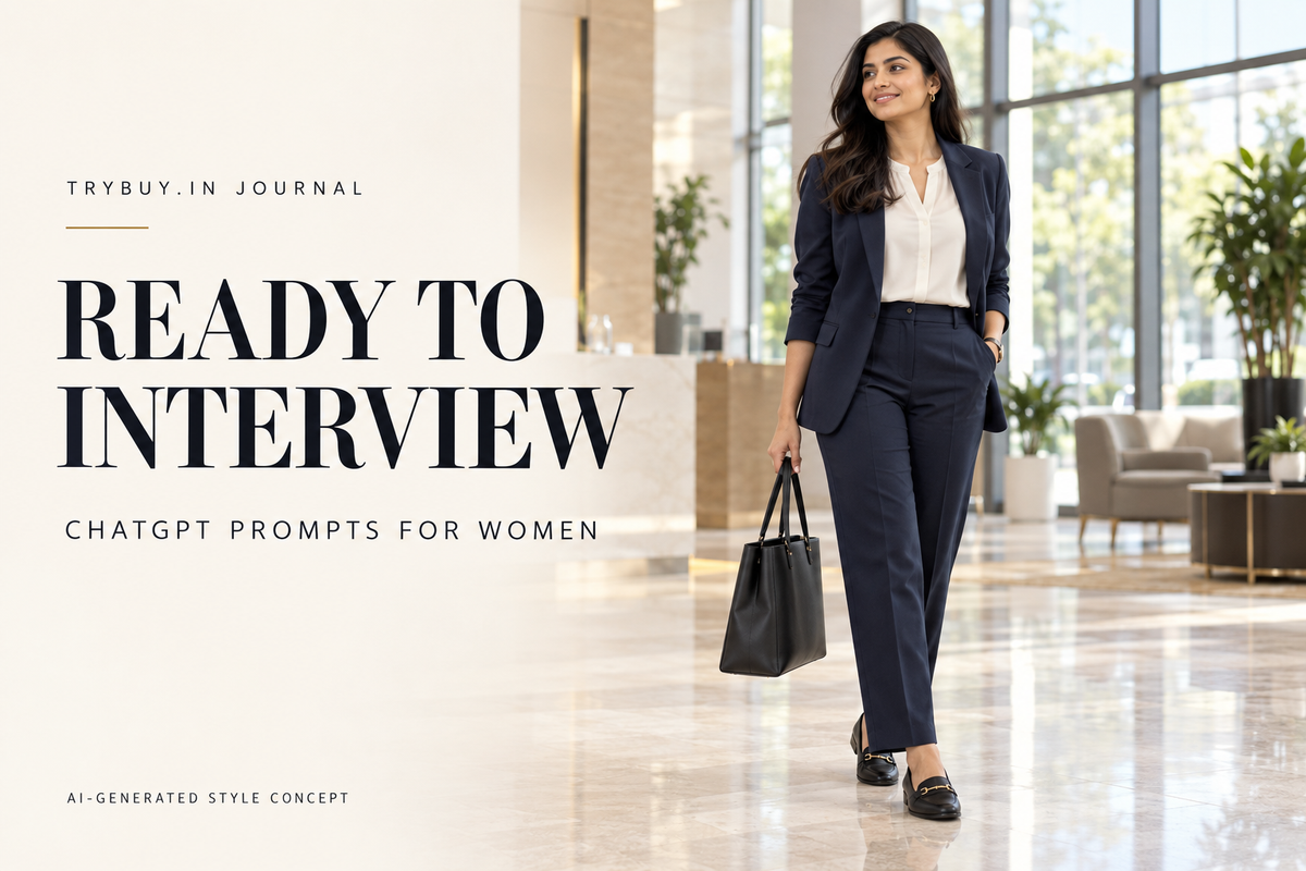 AI-generated woman in navy interview tailoring with Ready to Interview cover text