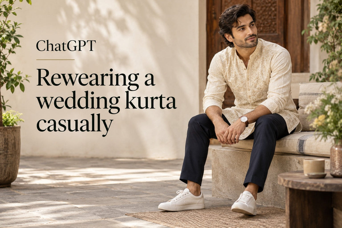 AI-generated editorial concept for Rewearing a wedding kurta casually, with readable ChatGPT topic text.