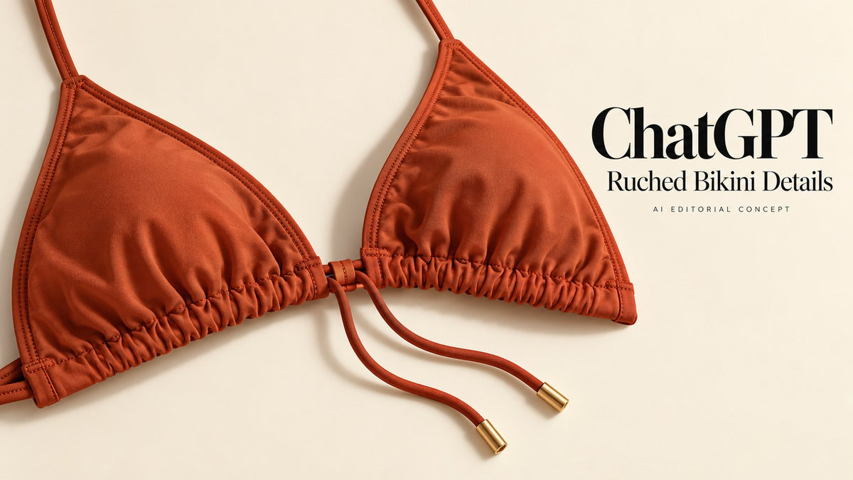 ChatGPT — Ruched Bikini Details; AI-generated garment-only editorial concept