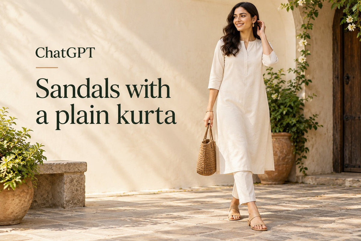 AI-generated editorial concept for Sandals with a plain kurta, with readable ChatGPT topic text.