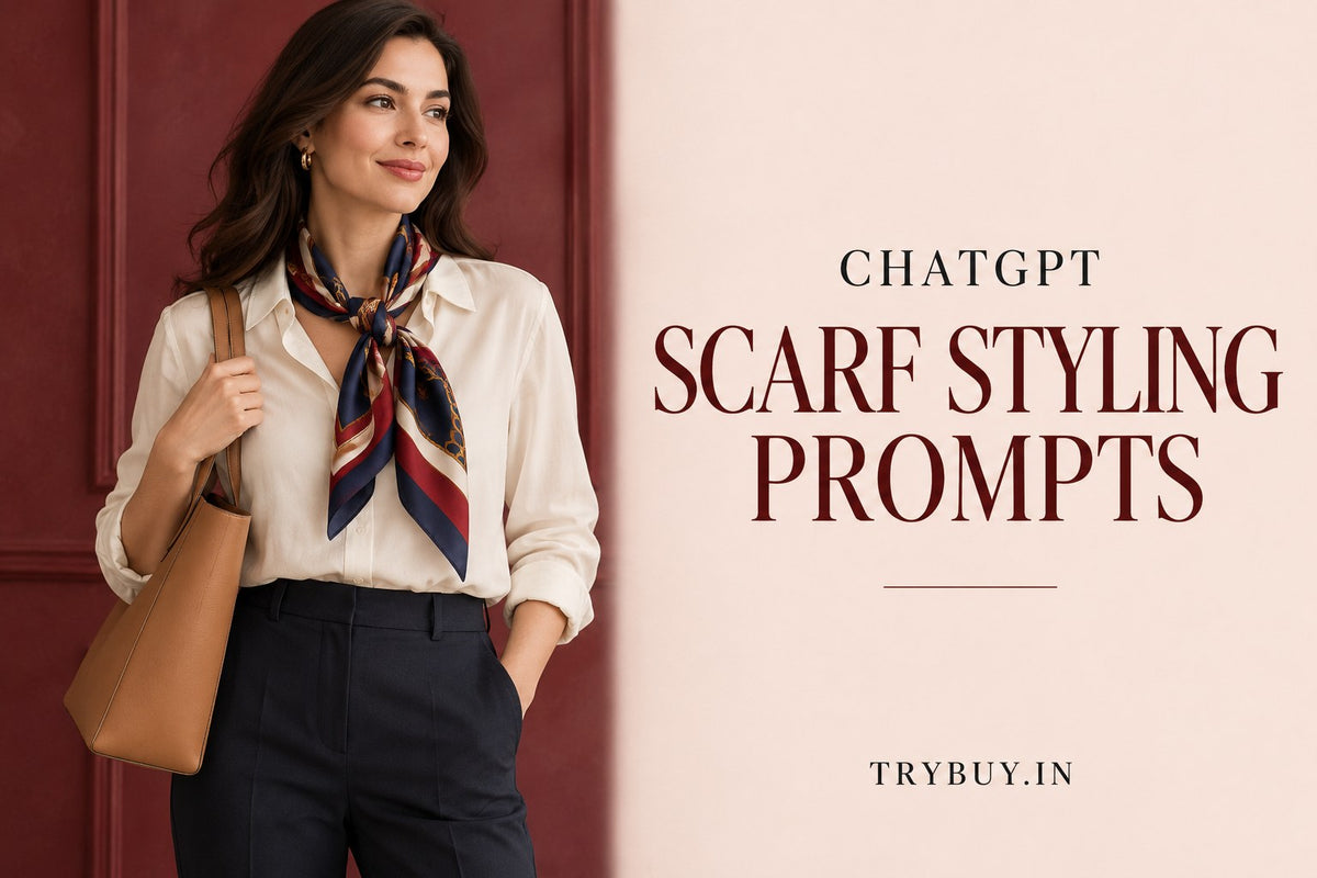 AI-generated editorial concept of an adult woman wearing a printed scarf at the neck with a simple cream outfit, with the text ChatGPT Scarf Styling Prompts.