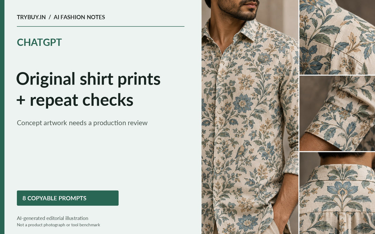 ChatGPT original shirt print and repeat-check prompt guide with botanical motifs and garment detail panels; AI-generated design illustration.