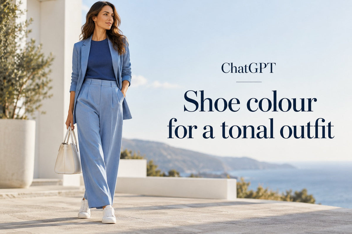 IA-generated editorial concept for Shoe colour for a tonal outfit, with readable ChatGPT topic text.
