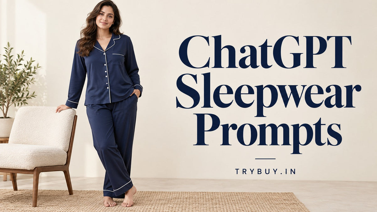 AI-generated adult model wearing navy pyjamas beside the text ChatGPT Sleepwear Prompts