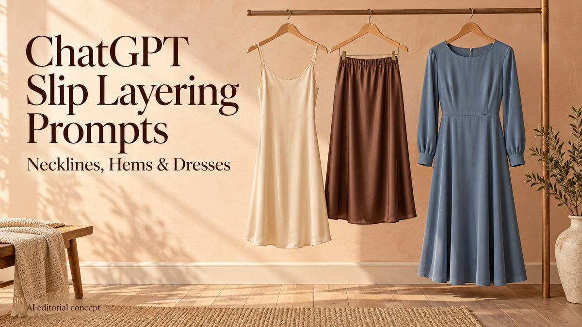 IA-generated champagne full slip, cocoa half slip and blue dress on hangers; text reads ChatGPT Slip Layering prompt, Necklines, Hems e Dresses.