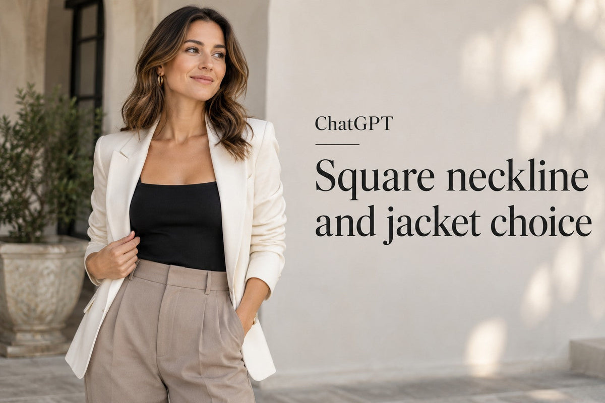 AI-generated editorial concept for Square neckline and jacket choice, with readable ChatGPT topic text.