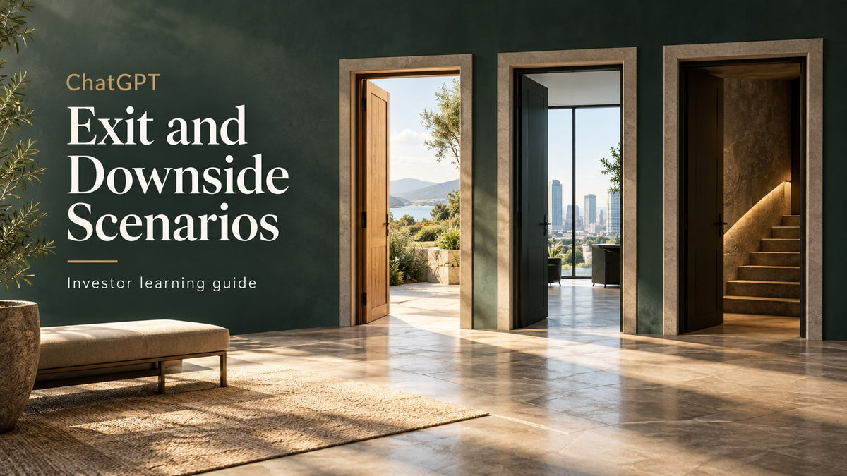 ChatGPT Exit and Downside Scenarios investor learning guide, readable title over an AI-generated editorial concept