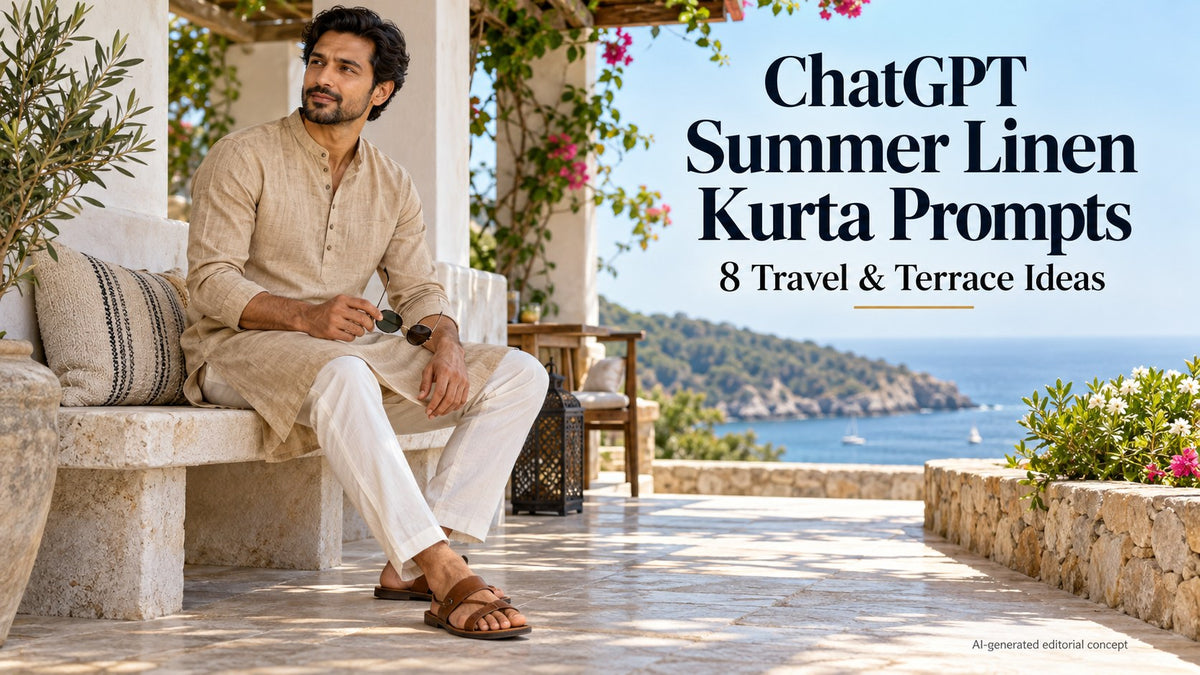 AI editorial adult man seated in a sand-coloured linen-look kurta on a coastal veranda, with ChatGPT summer prompt text.