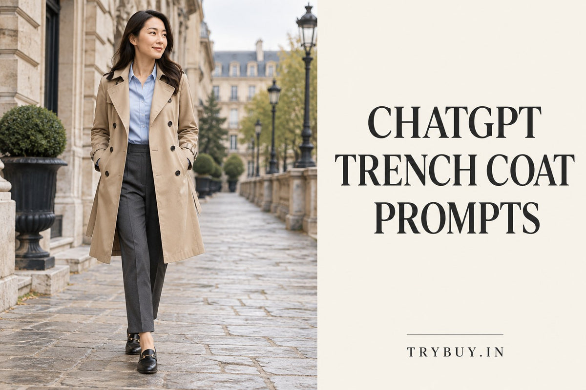 AI-generated adult woman wearing an open beige trench coat over a blue shirt and dark trousers, titled ChatGPT Trench Coat Prompts.