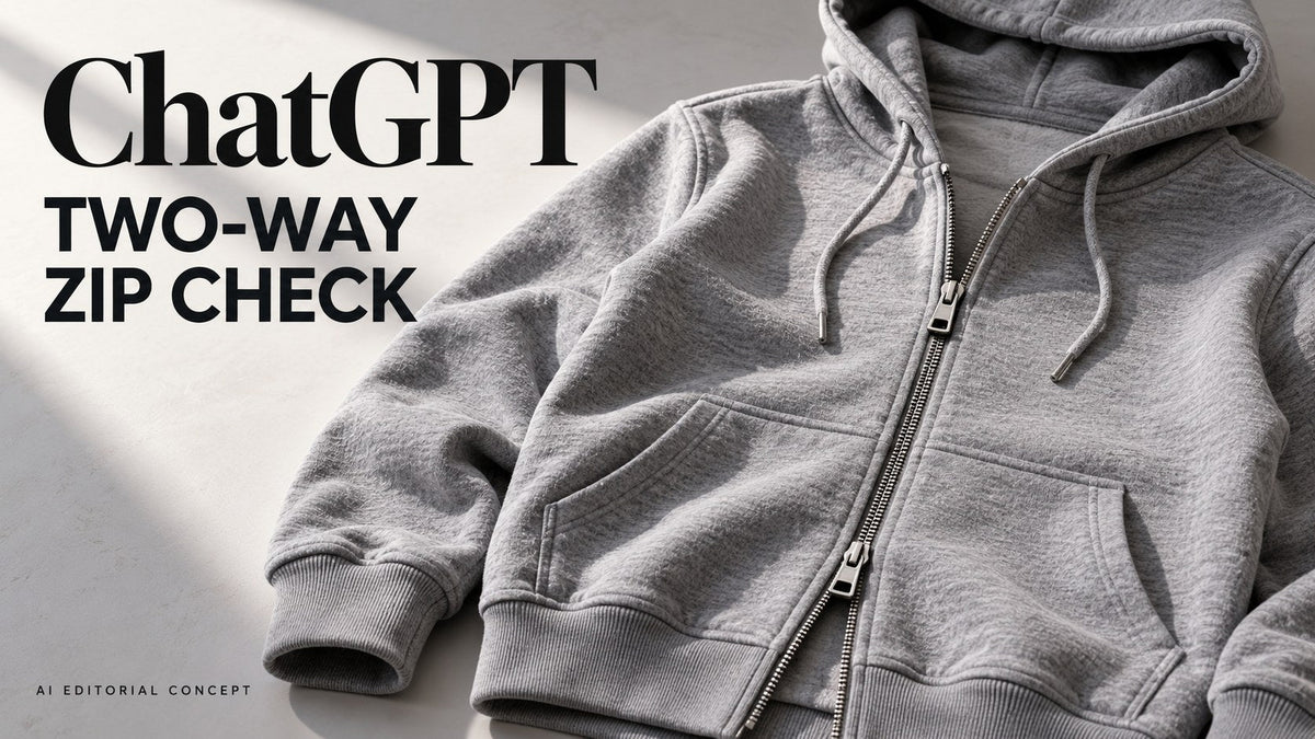 ChatGPT two-way zip check — AI-generated editorial clothing concept