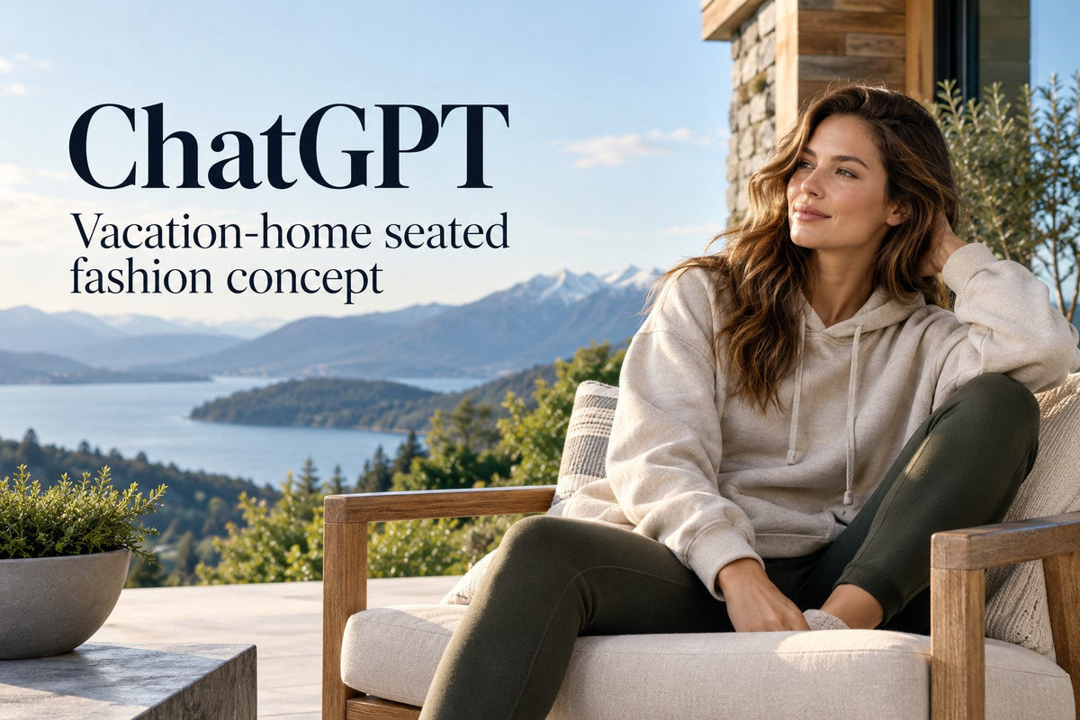 IA-generated editorial concept for Vacation-home seated fashion concept, with readable ChatGPT topic text.