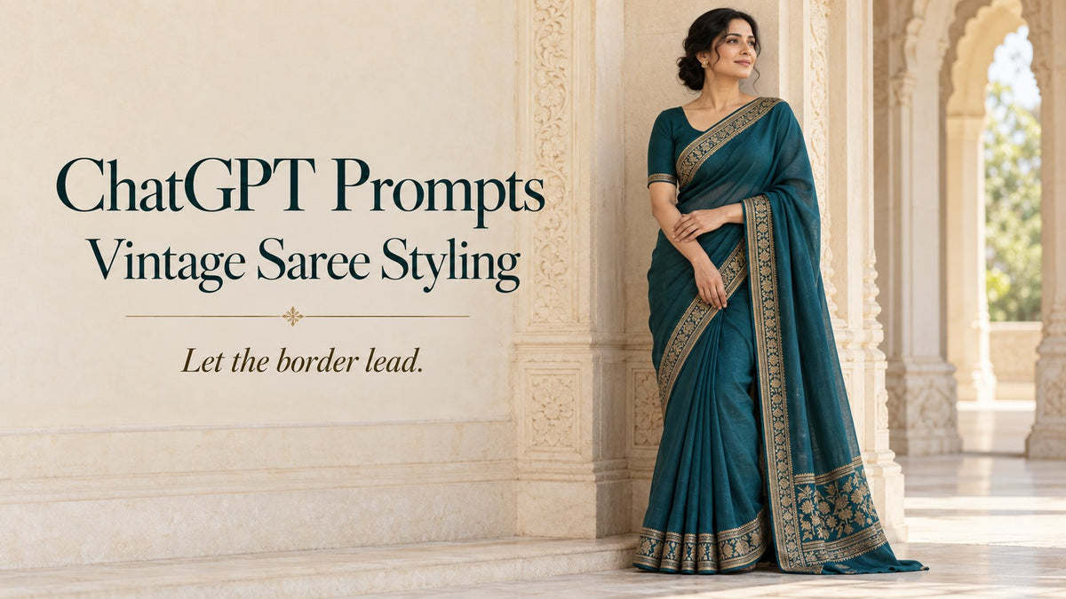 AI-generated woman wearing a teal saree with a gold-coloured border
