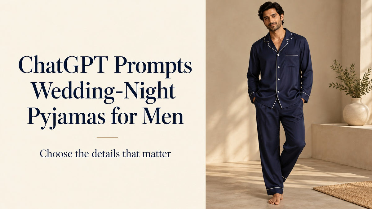 AI-generated adult man in navy button-front pyjamas beside the text ChatGPT Prompts: Wedding-Night Pyjamas for Men.