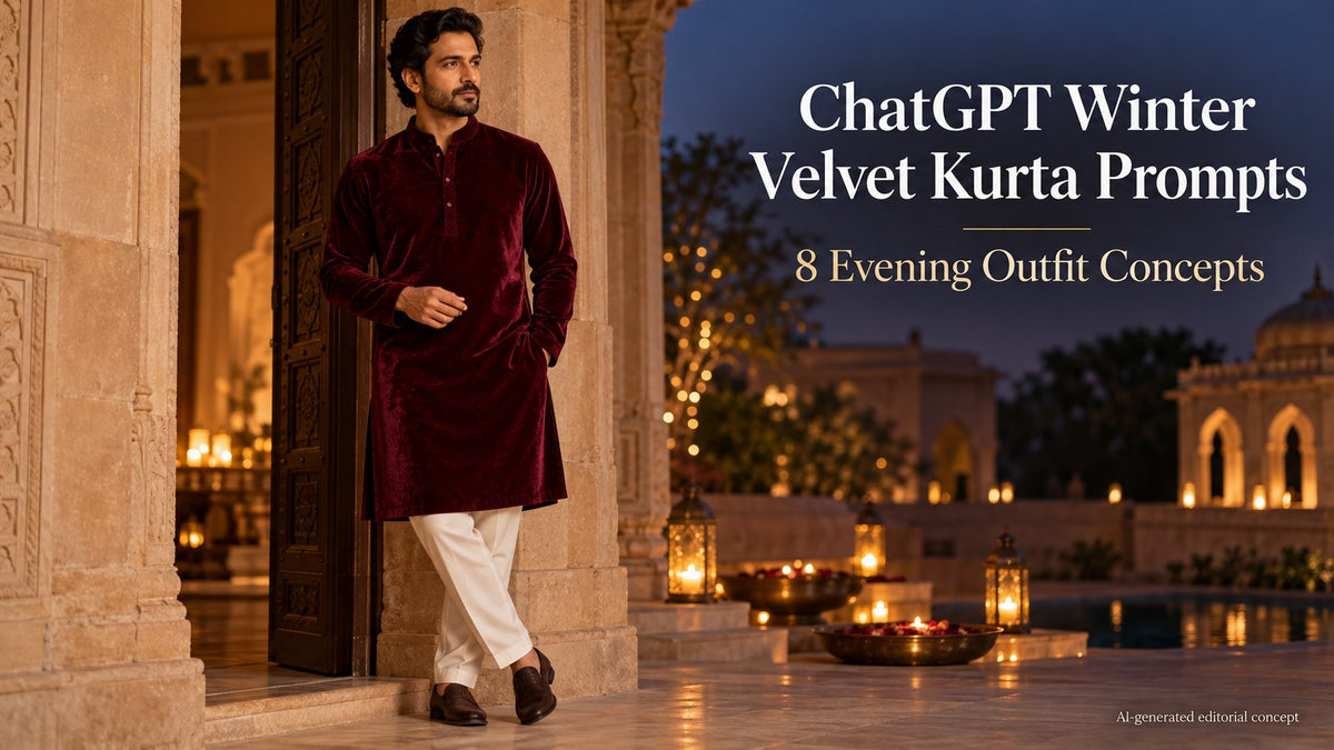 AI editorial adult man in a wine-coloured velvet-look kurta at a sandstone doorway, with ChatGPT winter prompt text.