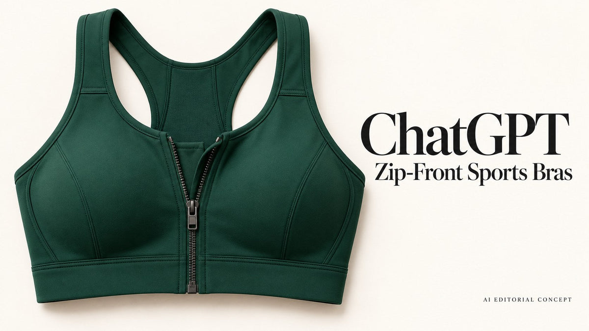 ChatGPT — Zip-Front Sports Bras; AI-generated garment-only editorial concept