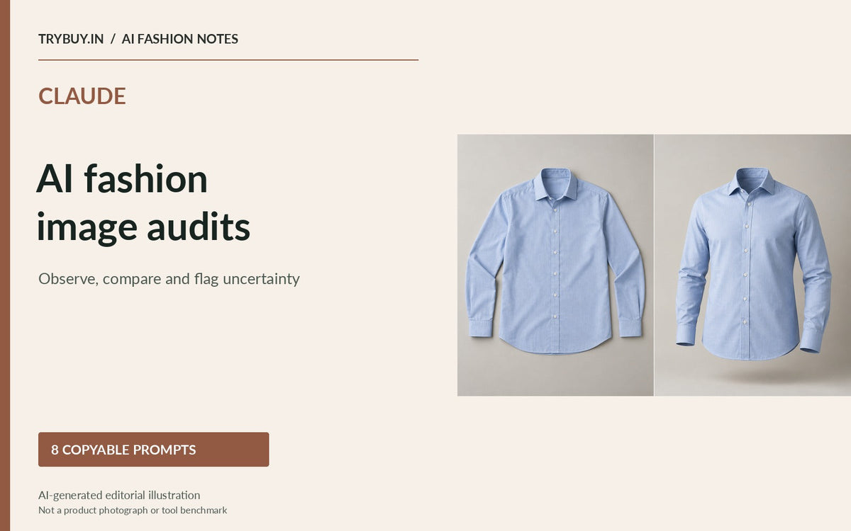 Claude AI fashion image-audit guide with flat-lay and invisible-mannequin shirt concepts. Illustrative AI artwork, not a Claude image-generation result.