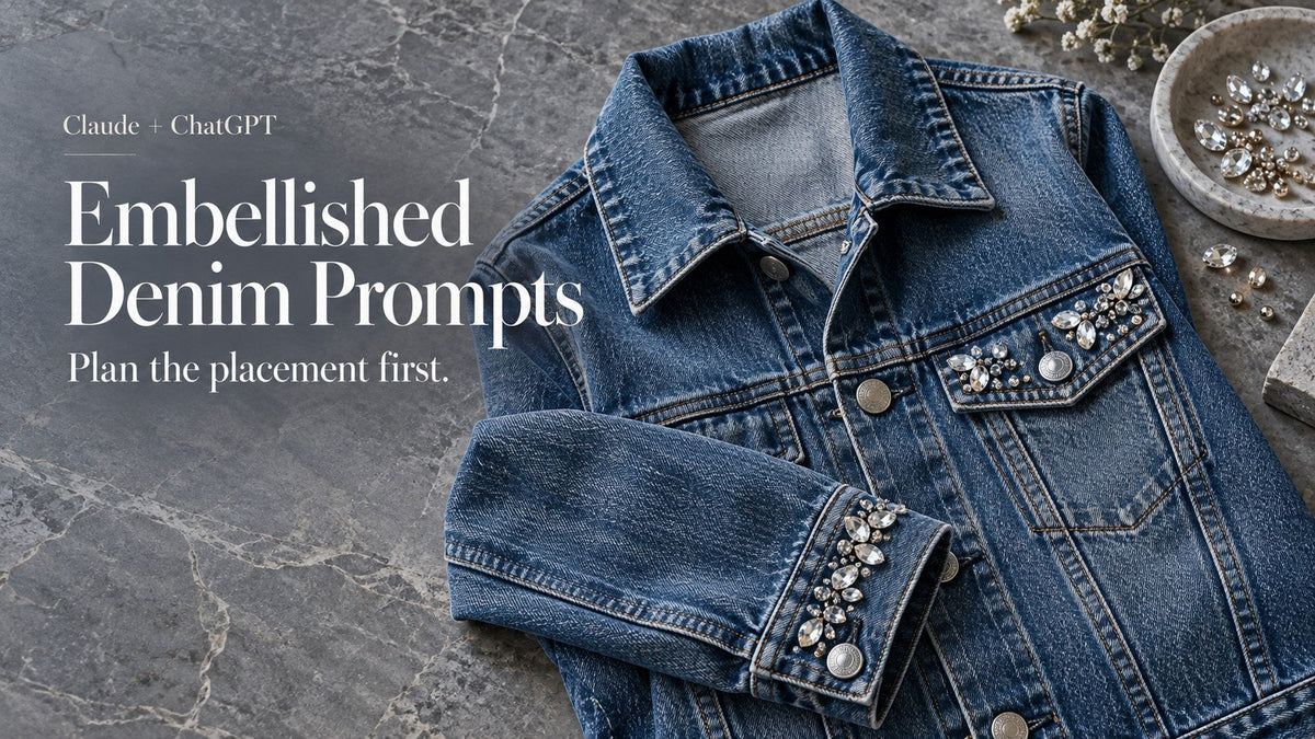 AI-generated denim jacket with small decorative accents near a pocket and cuff
