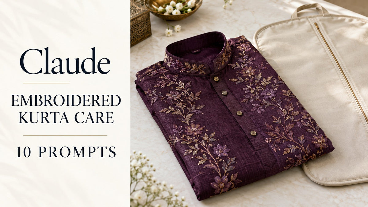 AI-generated editorial concept: Claude Prompts: Embroidered Kurta Care. Fictional garments, not actual inventory.