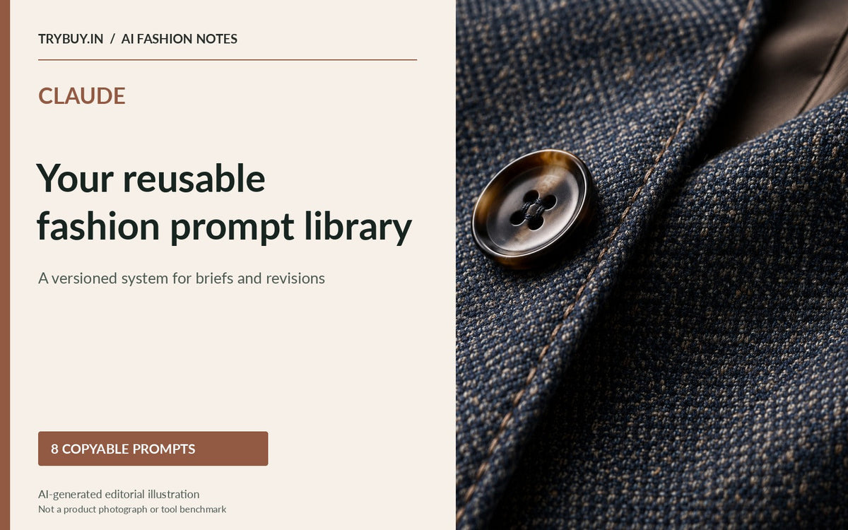 Claude reusable fashion prompt-library guide with a macro cloth, button and stitching illustration; AI-generated editorial artwork.