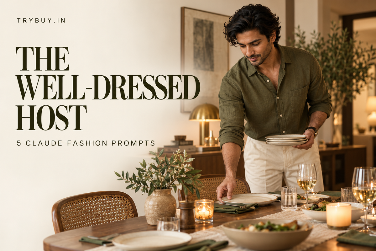 Editorial cover showing a man in an olive shirt setting a dinner table, with the text The Well-Dressed Host and 5 Claude Fashion prompt