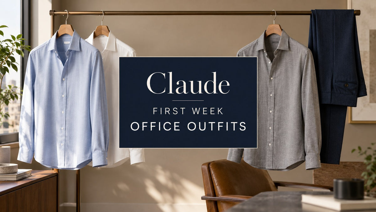 IA-generated editorial concept of blue, white and grey shirts in an office dressing area with the text Claude First Week Office Outfits.