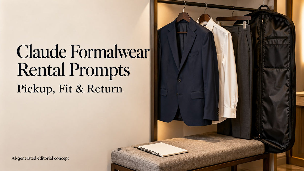 AI editorial rail with a navy formal jacket, ivory shirt, trousers and garment bag, with Claude rental title text.