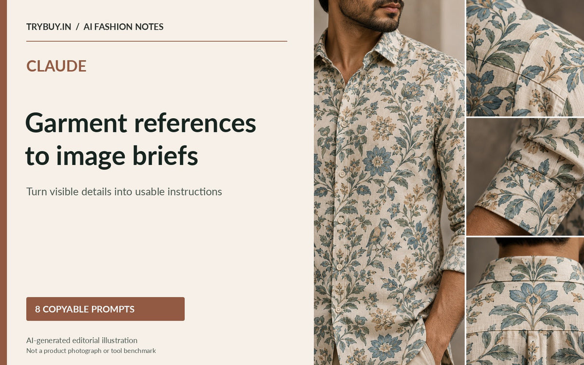 Claude garment-reference briefing guide with a botanical-print shirt and seam detail panels. AI-generated editorial illustration, not an image generated by Claude.