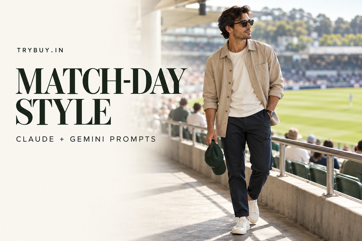 Editorial cover of a man in a sand overshirt and navy trousers at a stadium, with Match-Day Style and Claude + Gemini Prompts